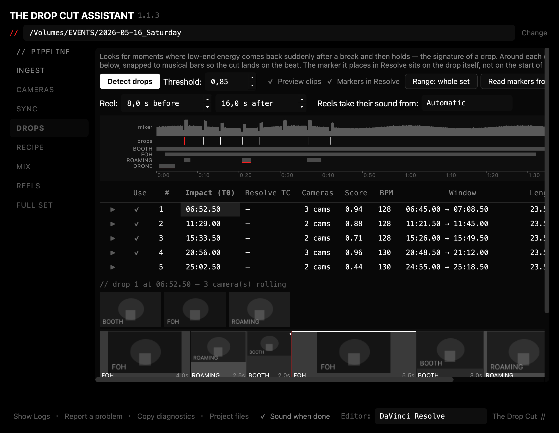 The Drops step: eight detected moments listed with their impact
                time, score and tempo. The fifth, scoring 0.44, is switched
                off.